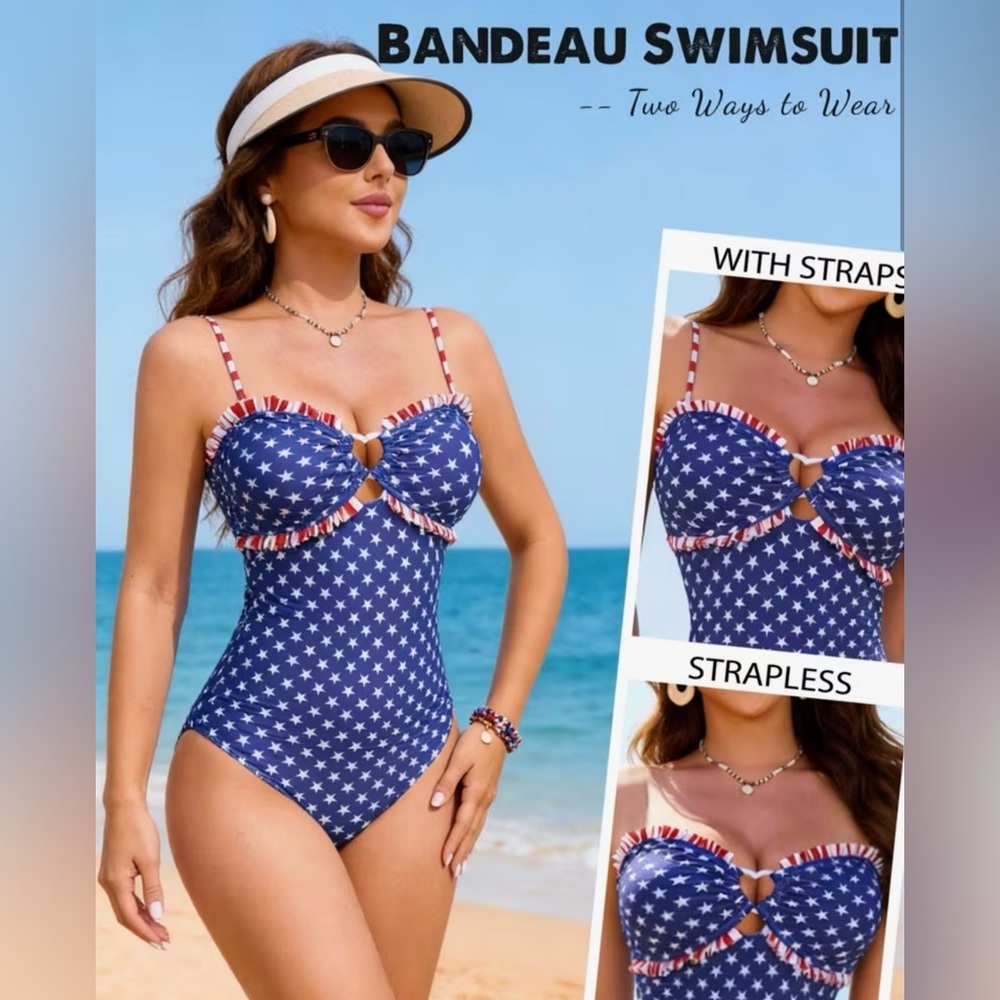 American Flag Stars Stripes Bandeau Ruffle Trim Swimsuit with Removable Straps - Picture 2 of 12